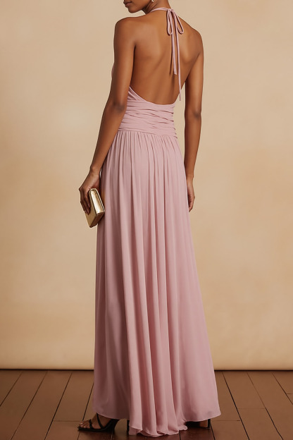 Pink Formal Evening Dress Halter Chiffon Maxi Dress with Ruffles