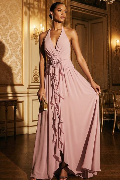 Pink Formal Evening Dress Halter Chiffon Maxi Dress with Ruffles