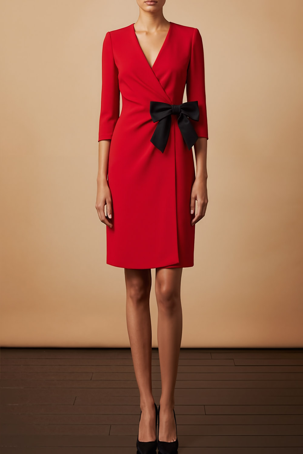 Red Formal Dress V-Neck Long Sleeve Mini Dress with Bowknot