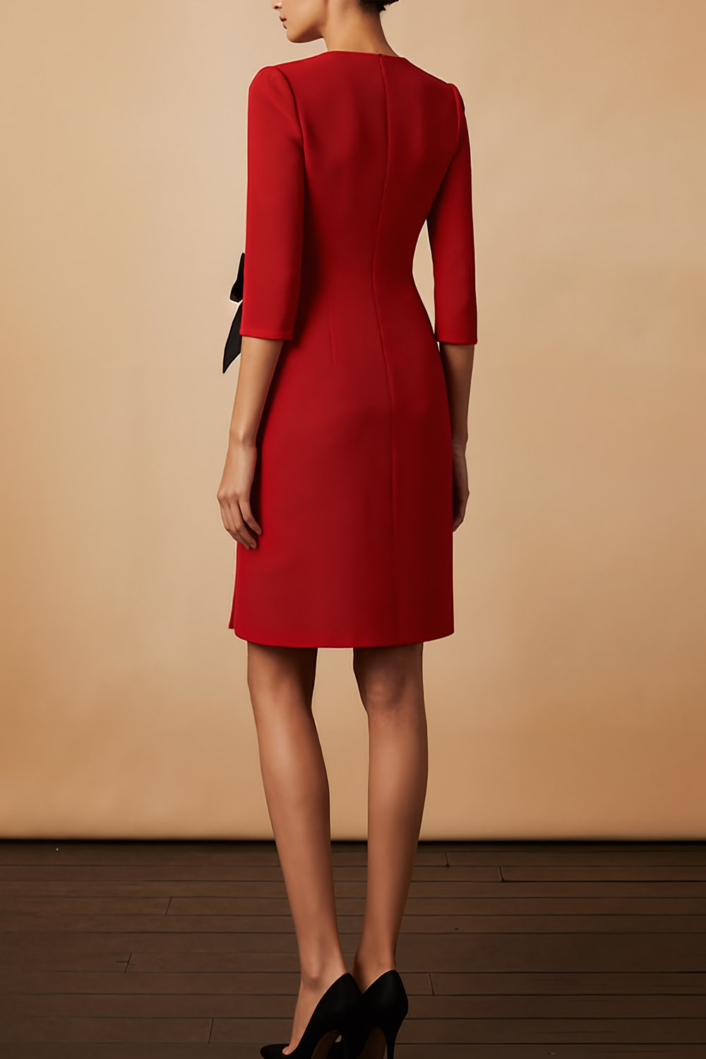 Red Formal Dress V-Neck Long Sleeve Mini Dress with Bowknot