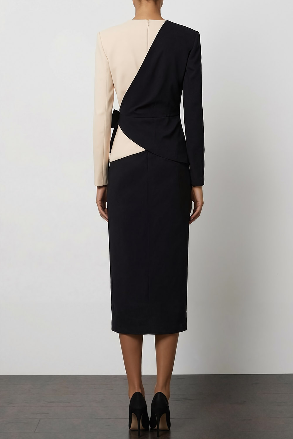 Work Outfit Suits Black Round Neck Long Sleeve Midi Skirt Set
