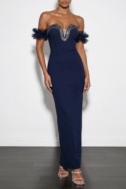 Navy Formal Evening Dress Sheath Off the Shoulder Maxi Dress with Slit 