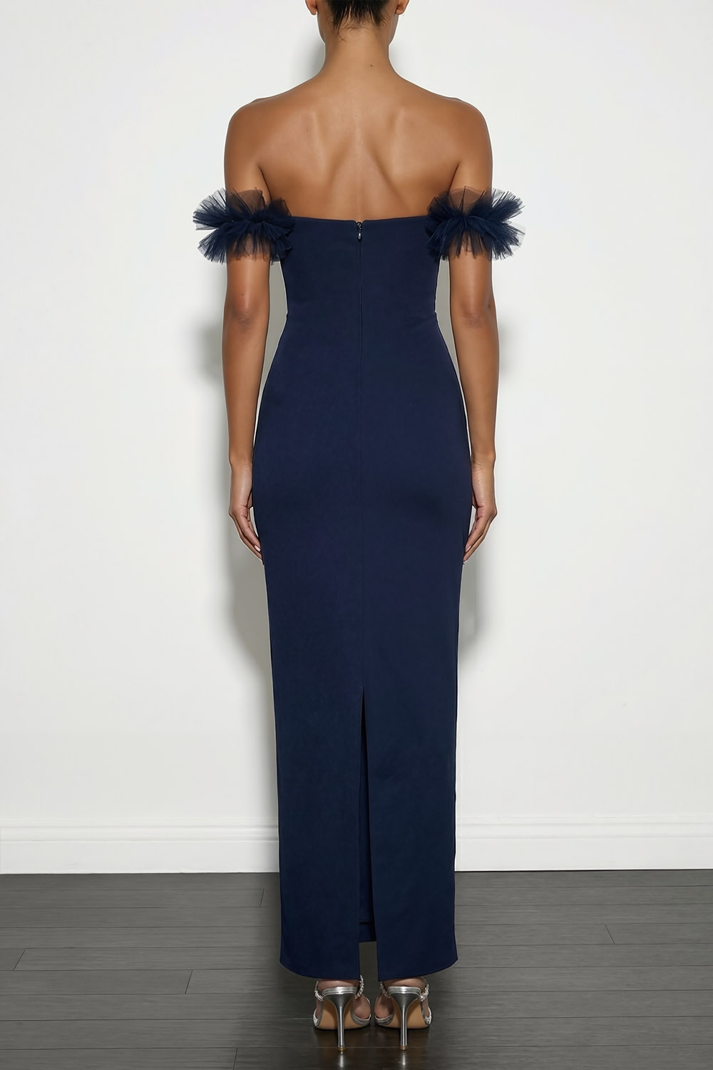 Navy Formal Evening Dress Sheath Off the Shoulder Maxi Dress with Slit 