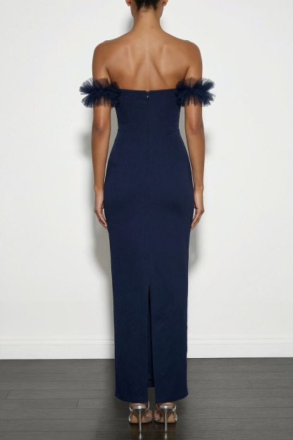 Navy Formal Evening Dress Sheath Off the Shoulder Maxi Dress with Slit 