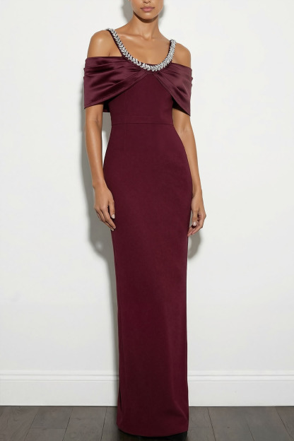 Burgundy Formal Evening Dress Sheath Cold Shoulder Maxi Dress 
