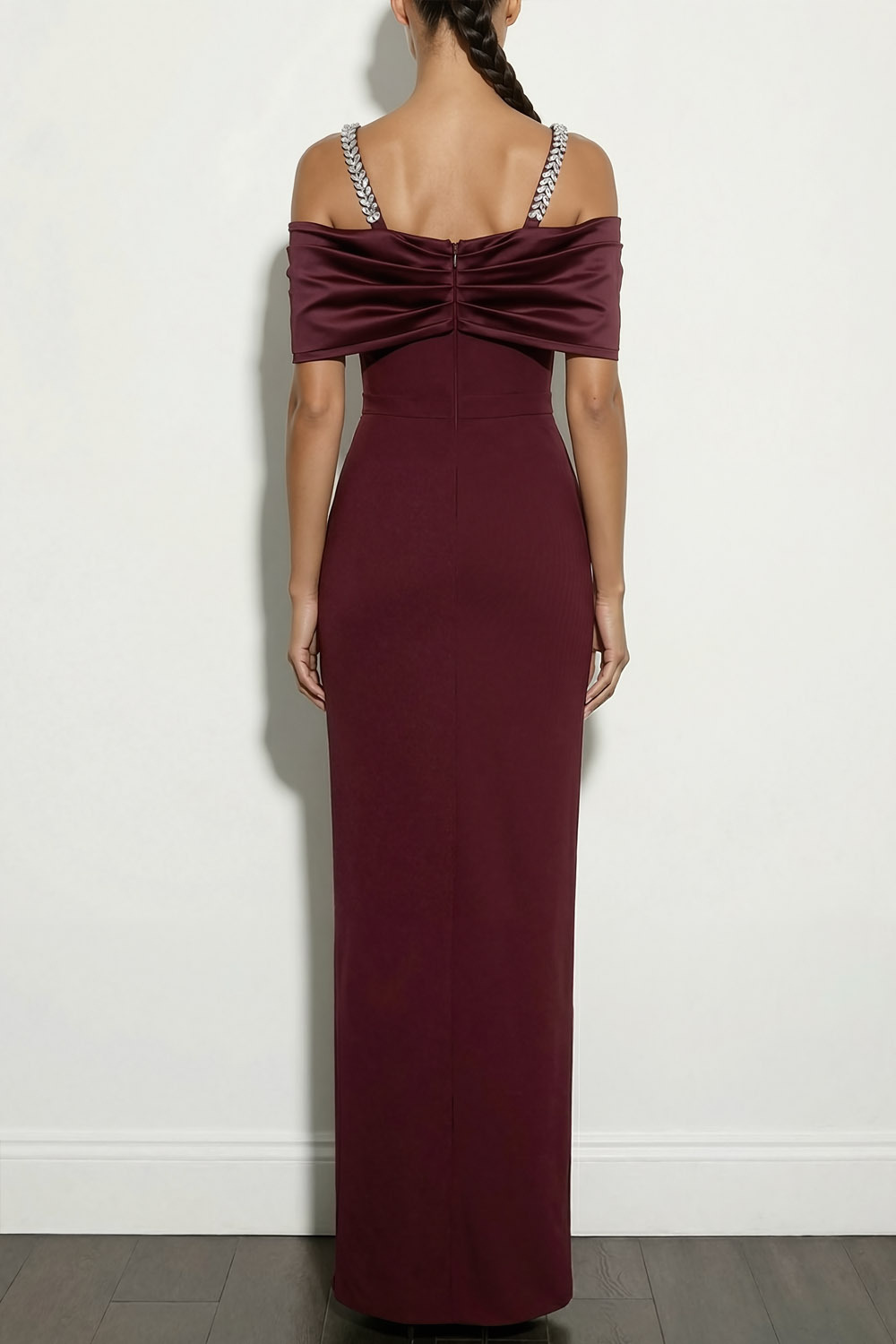 Burgundy Formal Evening Dress Sheath Cold Shoulder Maxi Dress 