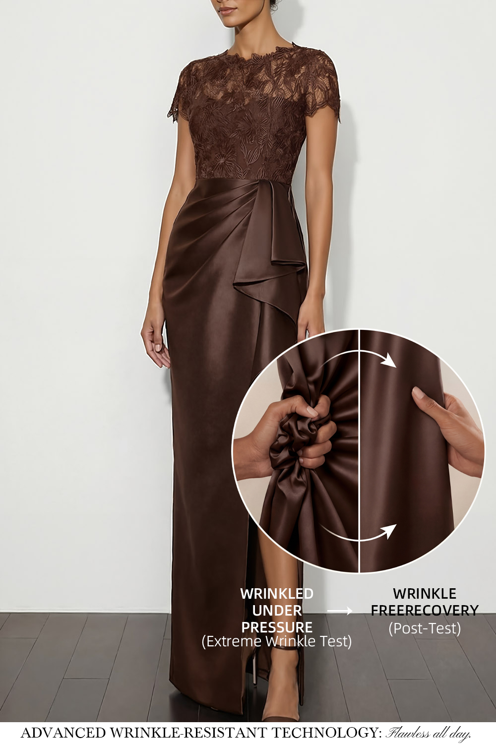 Brown Formal Dress Round Neck Satin Slit Maxi Dress with Ruffle