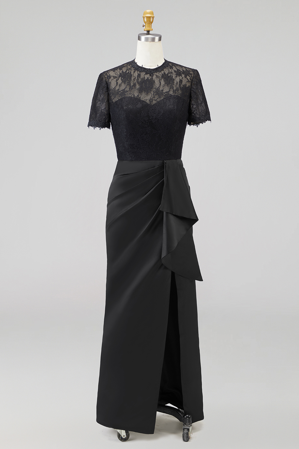 Brown Formal Dress Round Neck Satin Slit Maxi Dress with Ruffle-chiclody
