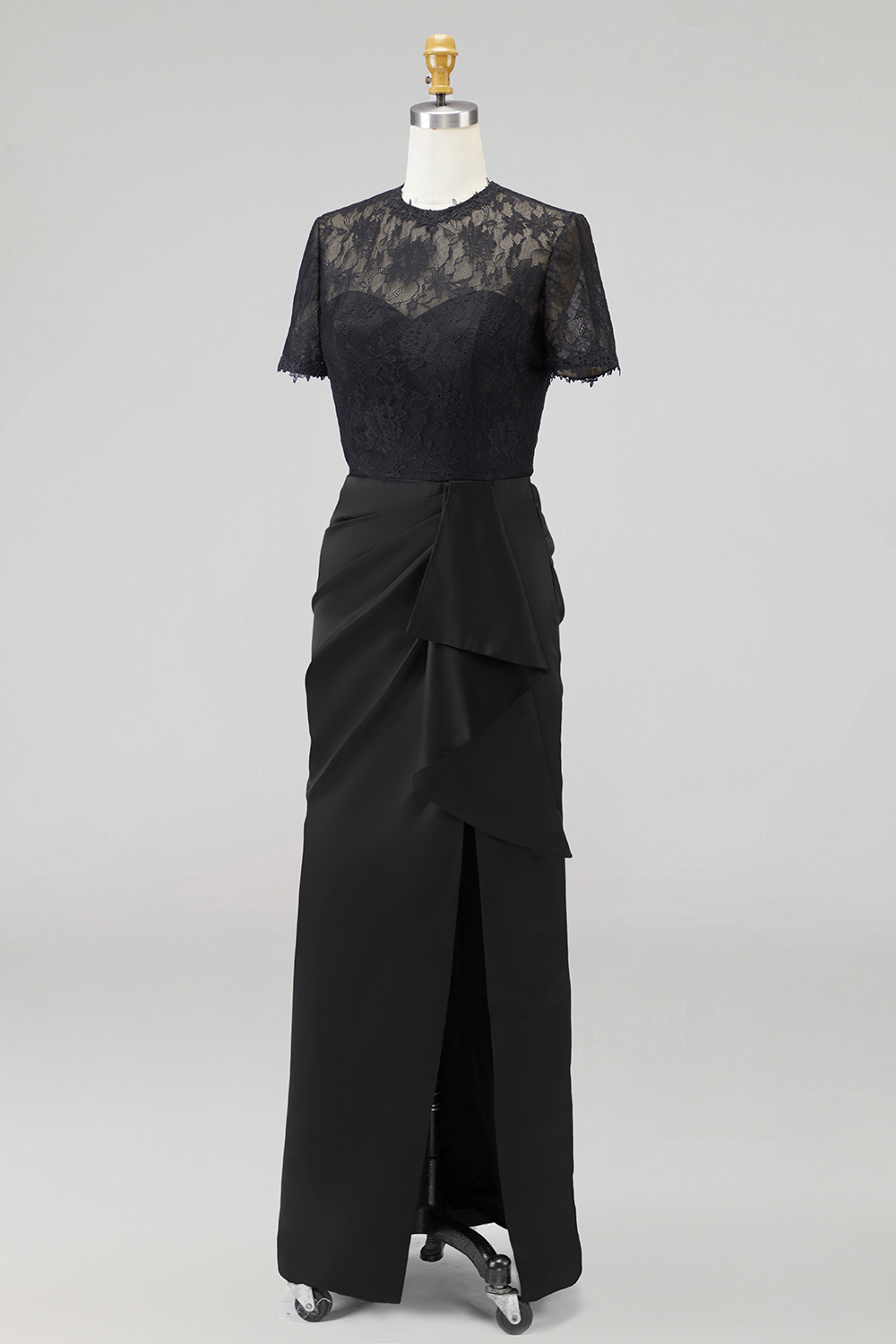 Brown Formal Dress Round Neck Satin Slit Maxi Dress with Ruffle-chiclody