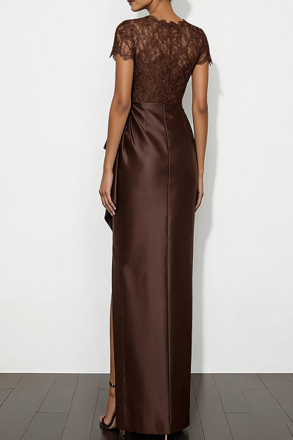 Brown Formal Dress Round Neck Satin Slit Maxi Dress with Ruffle