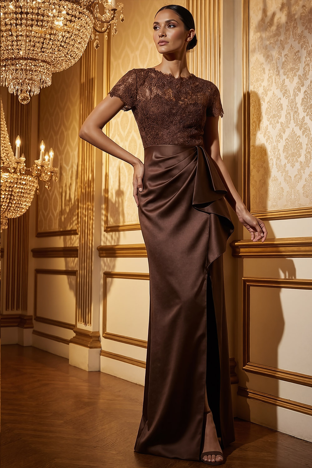 Brown Formal Dress Round Neck Satin Slit Maxi Dress with Ruffle