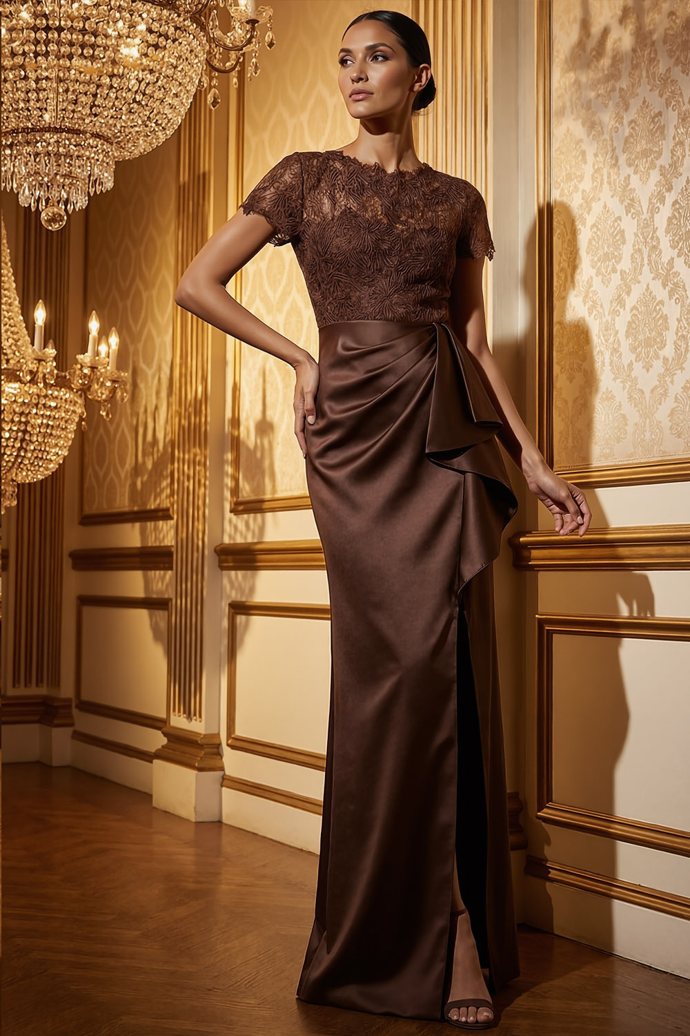 Brown Formal Dress Round Neck Satin Slit Maxi Dress with Ruffle