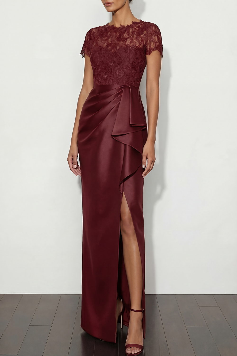 Brown Formal Dress Round Neck Satin Slit Maxi Dress with Ruffle