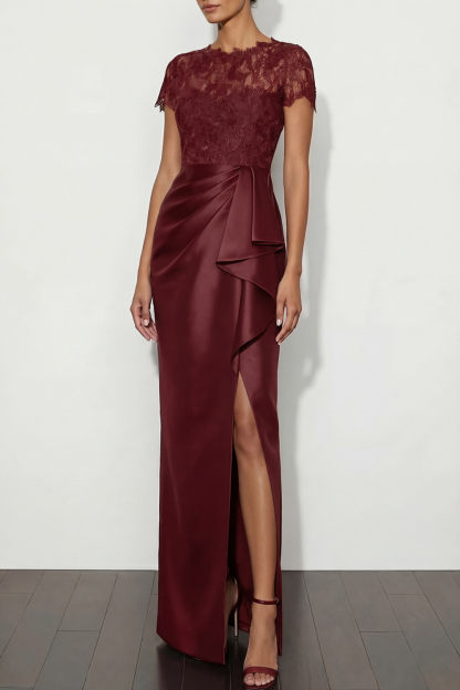 Brown Formal Dress Round Neck Satin Slit Maxi Dress with Ruffle