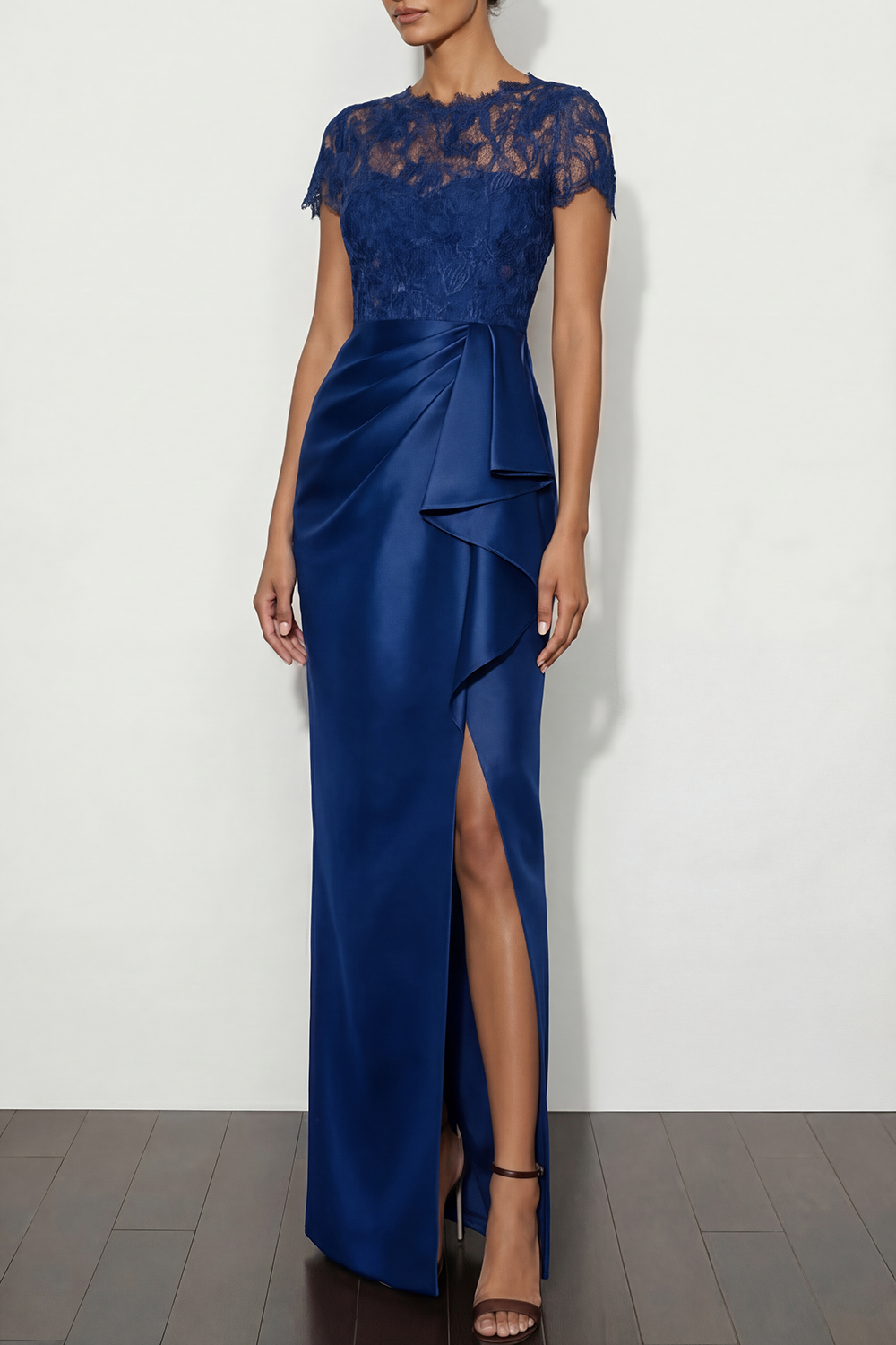 Brown Formal Dress Round Neck Satin Slit Maxi Dress with Ruffle