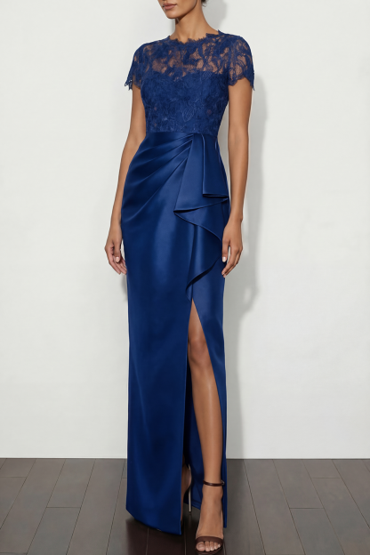 Brown Formal Dress Round Neck Satin Slit Maxi Dress with Ruffle