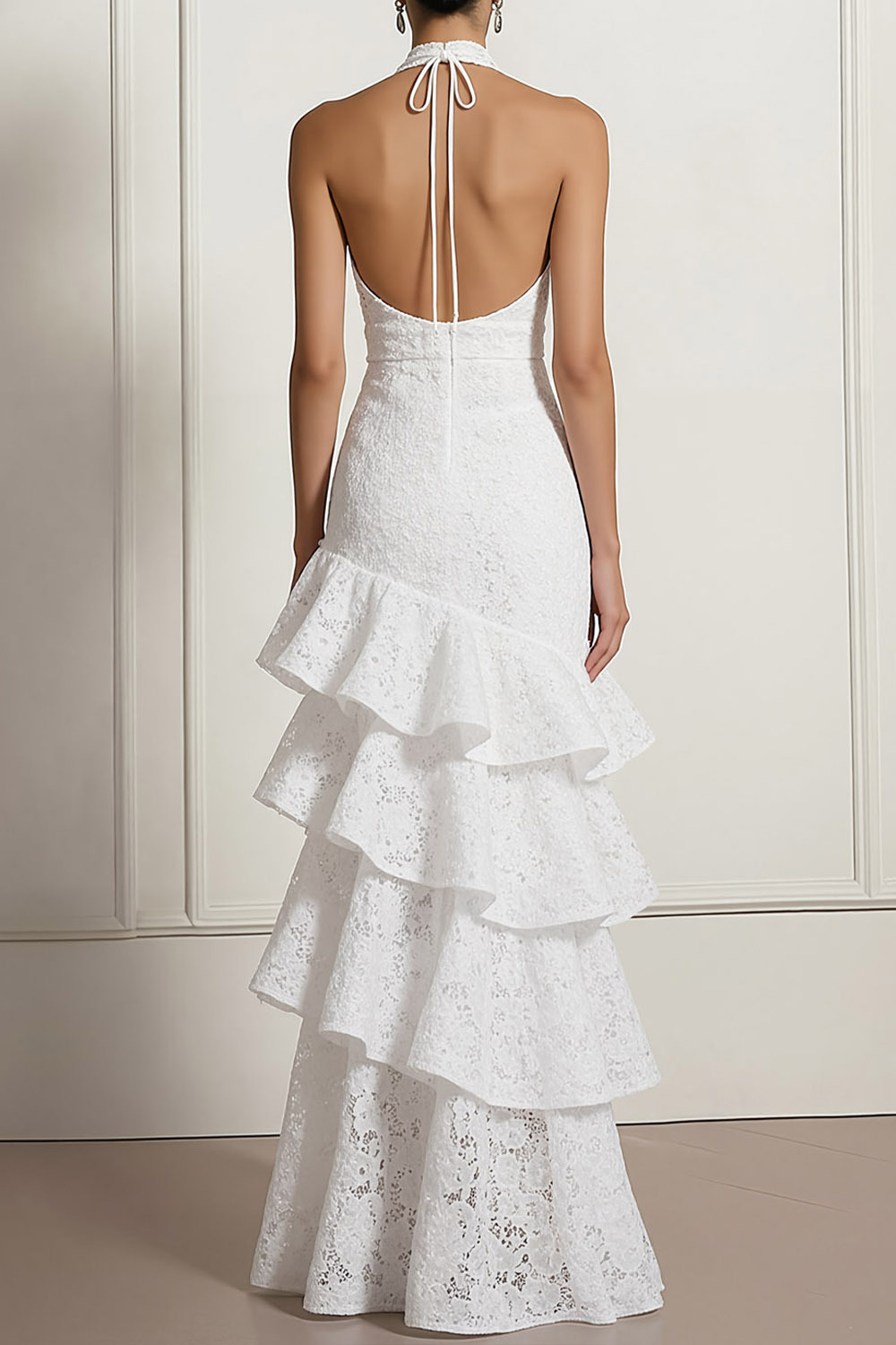 White Formal Evening Dress Mermaid Halter Lace Tiered Maxi Dress 