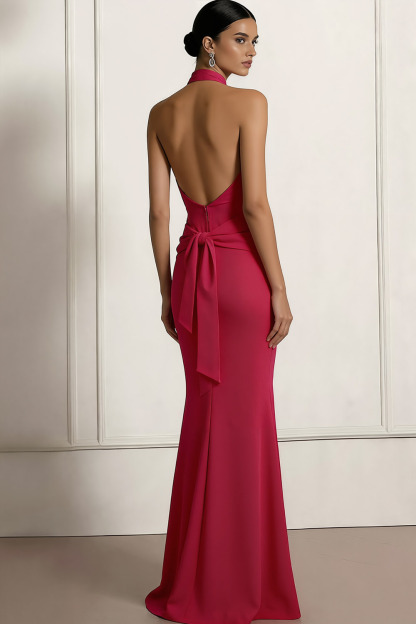 Fuchsia Formal Evening Dress Halter Waist Knot Maxi Dress 