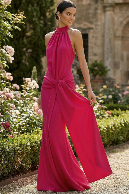 Fuchsia Formal Evening Dress Halter Waist Knot Maxi Dress 