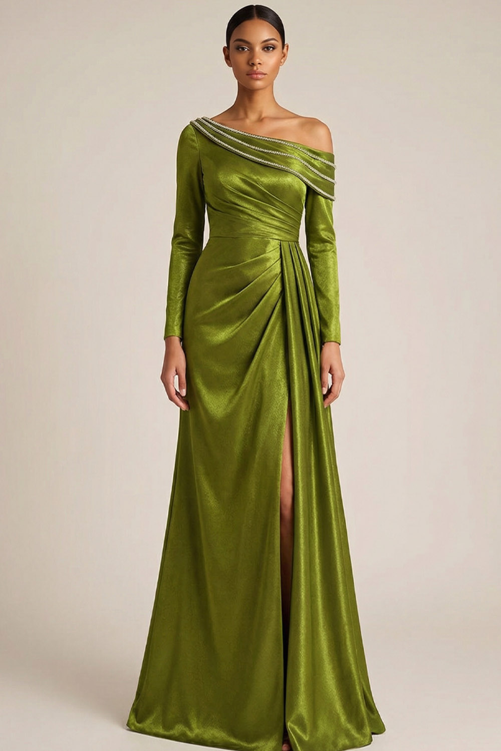 Mustard Green Formal Evening Dress A-Line One Shoulder Maxi Dress with Slit