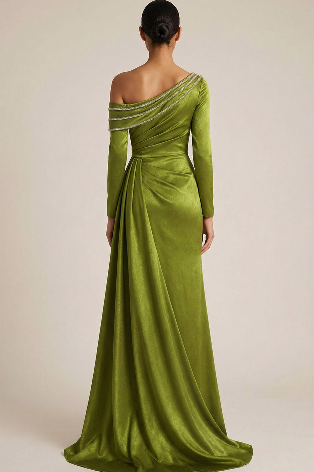 Mustard Green Formal Evening Dress A-Line One Shoulder Maxi Dress with Slit