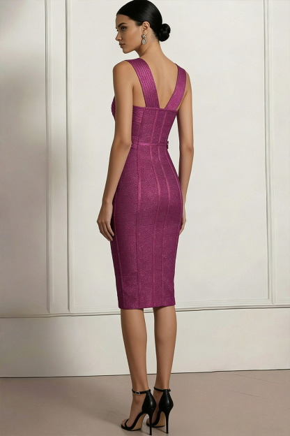 Purplish Red Formal Party Dress Bodycon Criss Cross Neck Midi Dress 