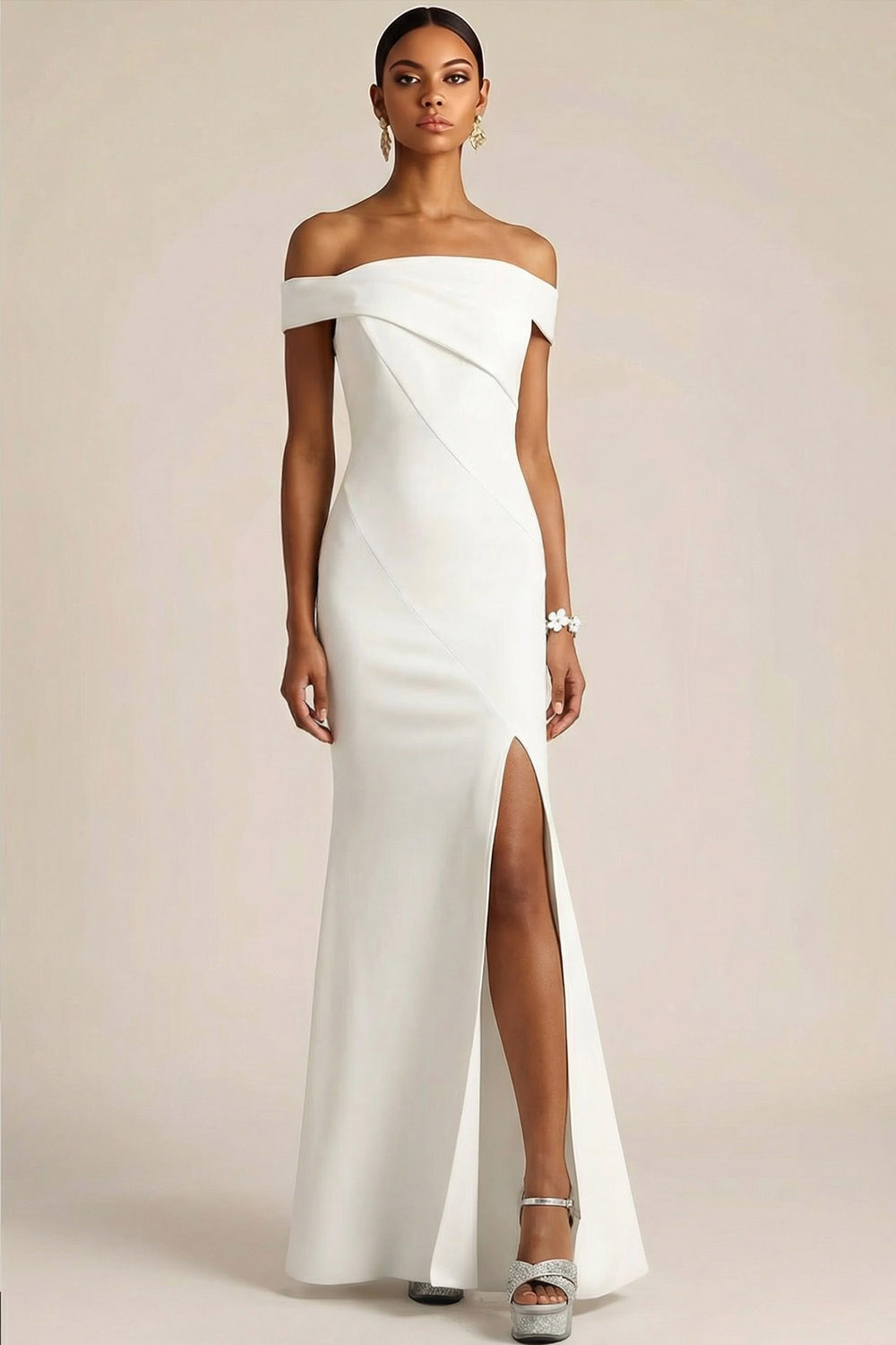 White Formal Dress Mermaid Off the Shoulder Maxi Dress with Slit