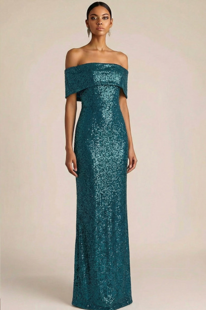 Blue Formal Party Dress Sheath Off the Shoulder Sequin Maxi Dress