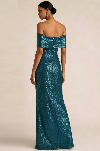 Blue Formal Party Dress Sheath Off the Shoulder Sequin Maxi Dress