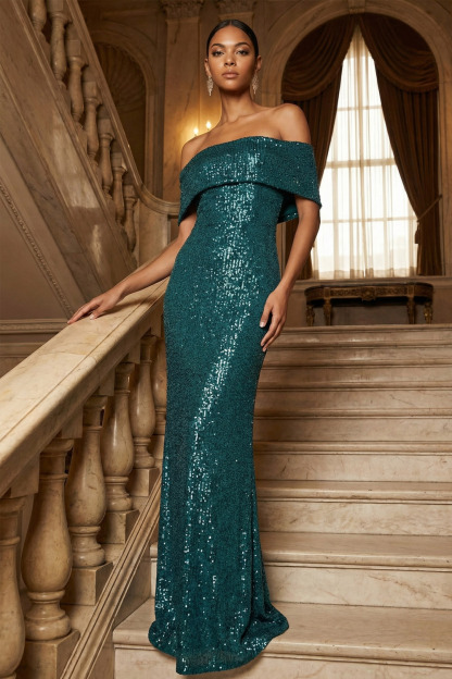 Blue Formal Party Dress Sheath Off the Shoulder Sequin Maxi Dress