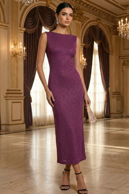 Purplish Red Evening Formal Dress Sheath Crew Neck Sleeveless Maxi Dress 