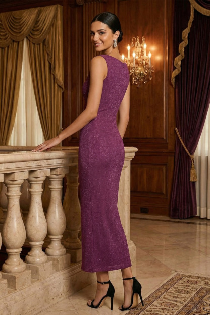 Purplish Red Evening Formal Dress Sheath Crew Neck Sleeveless Maxi Dress 