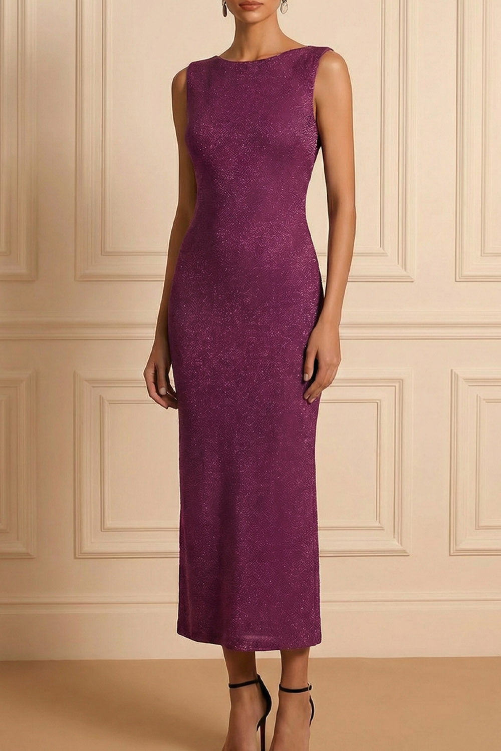 Purplish Red Evening Formal Dress Sheath Crew Neck Sleeveless Maxi Dress 