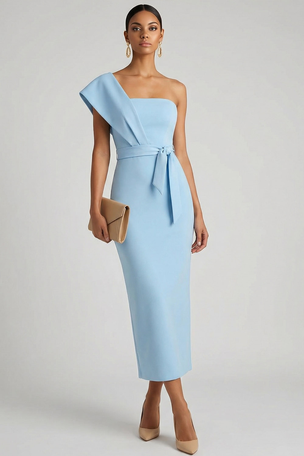 Light Blue Wedding Guest Dress Sheath One Shoulder Sleeveless Midi Dress