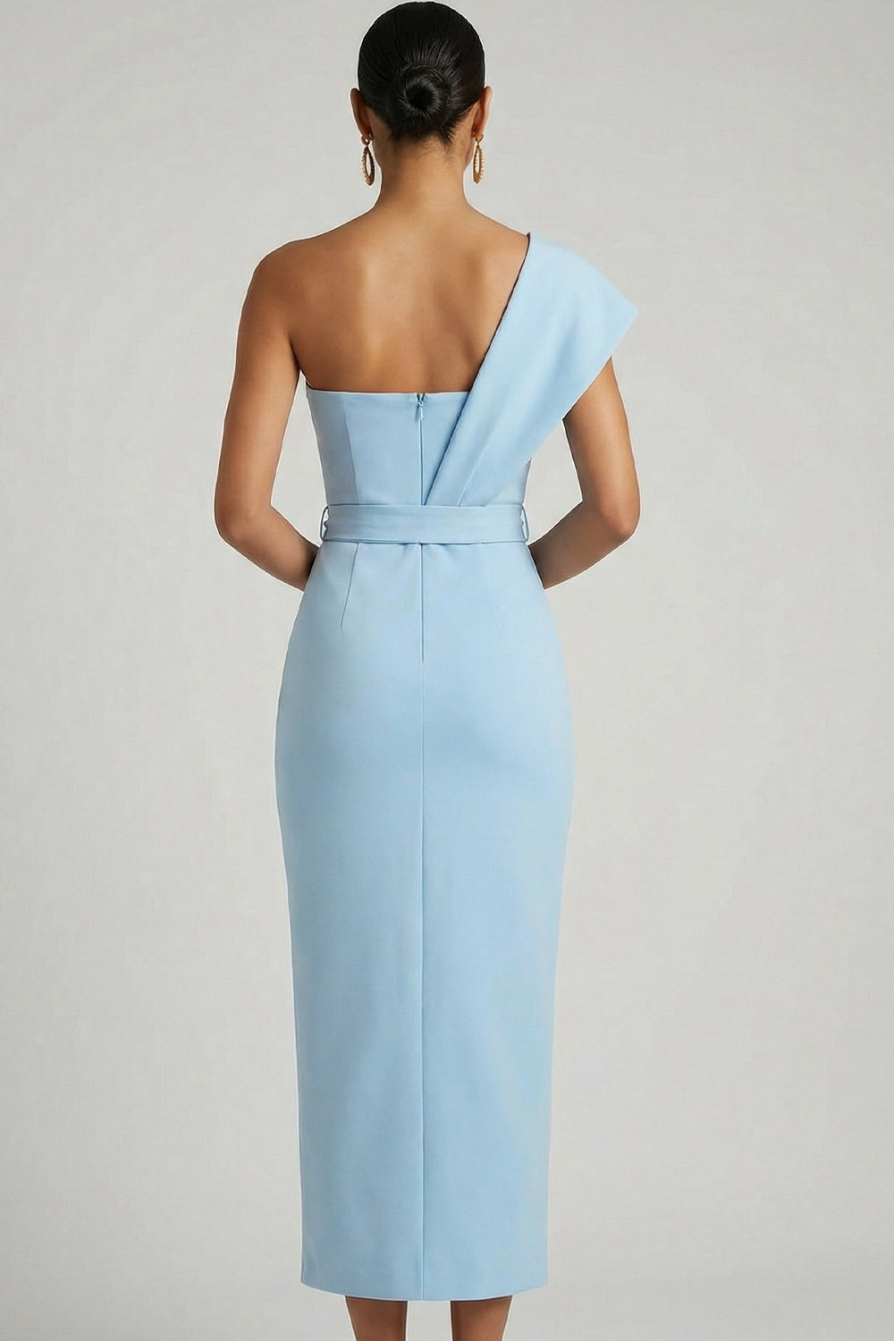 Light Blue Wedding Guest Dress Sheath One Shoulder Sleeveless Midi Dress