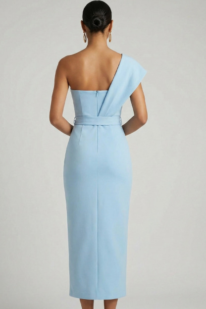 Light Blue Wedding Guest Dress Sheath One Shoulder Sleeveless Midi Dress