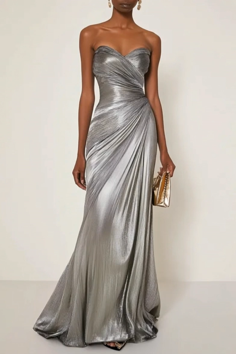 Evening Formal Dress Strapless Silver Strapless Pleated Maxi Dress
