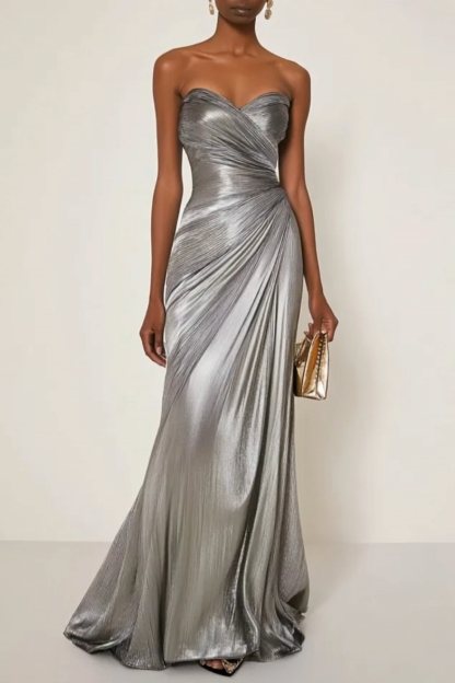 Evening Formal Dress Strapless Silver Strapless Pleated Maxi Dress