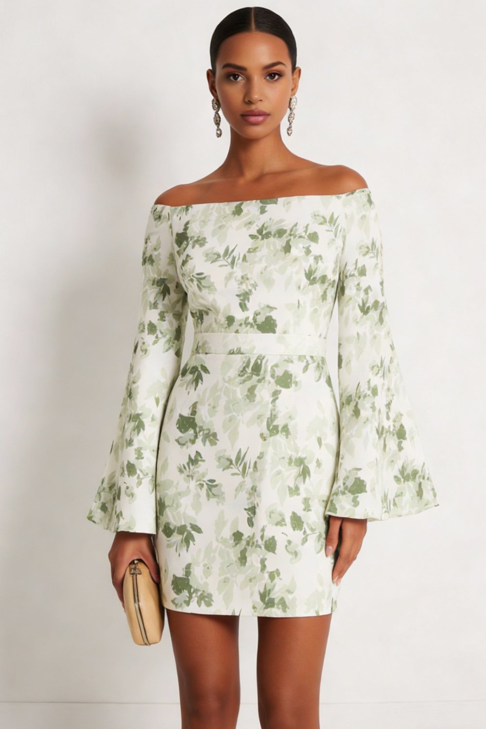 Green Floral Formal Dress Off the Shoulder Long Sleeve Mini Dress
