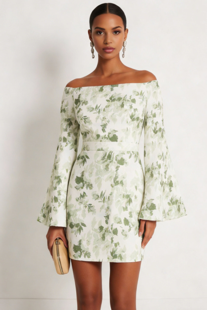 Green Floral Formal Dress Off the Shoulder Long Sleeve Mini Dress