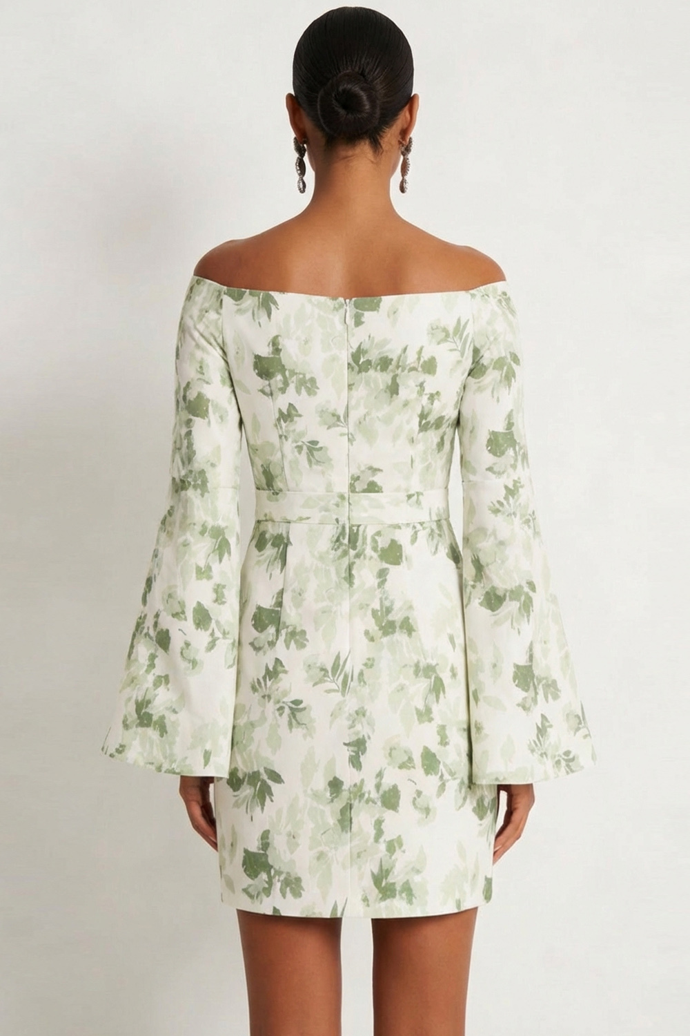 Green Floral Formal Dress Off the Shoulder Long Sleeve Mini Dress