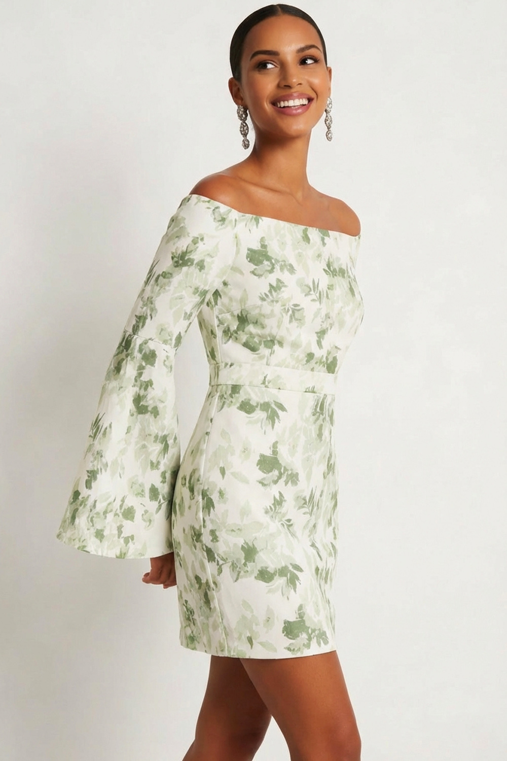Green Floral Formal Dress Off the Shoulder Long Sleeve Mini Dress
