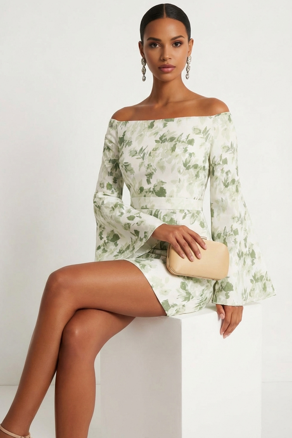 Green Floral Formal Dress Off the Shoulder Long Sleeve Mini Dress