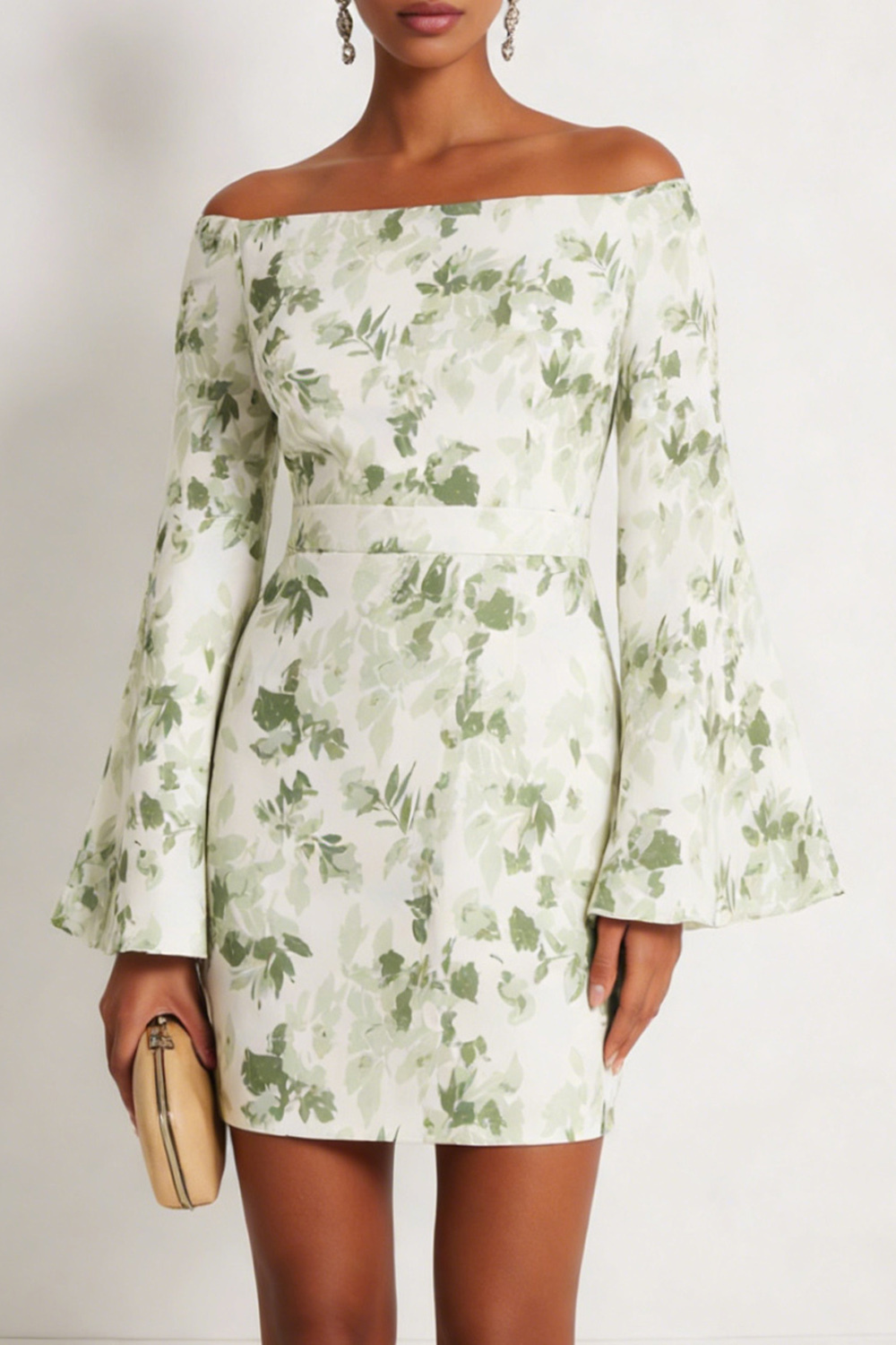 Green Floral Formal Dress Off the Shoulder Long Sleeve Mini Dress