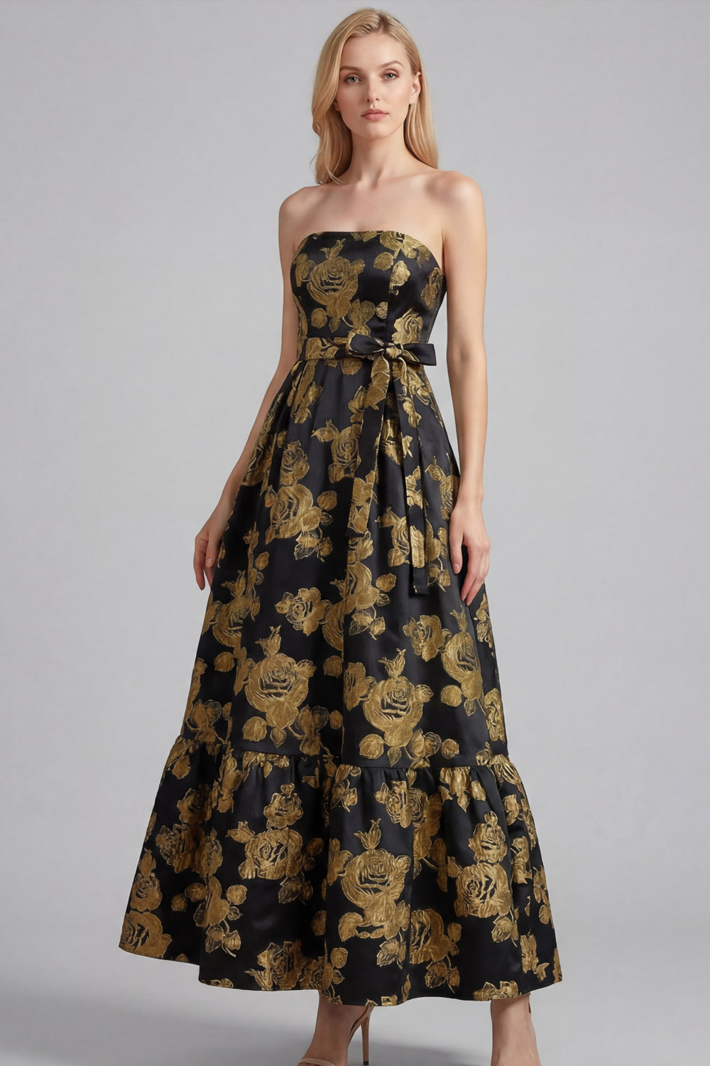 Golden Floral Wedding Guest Dress A-Line Strapless Maxi Dress