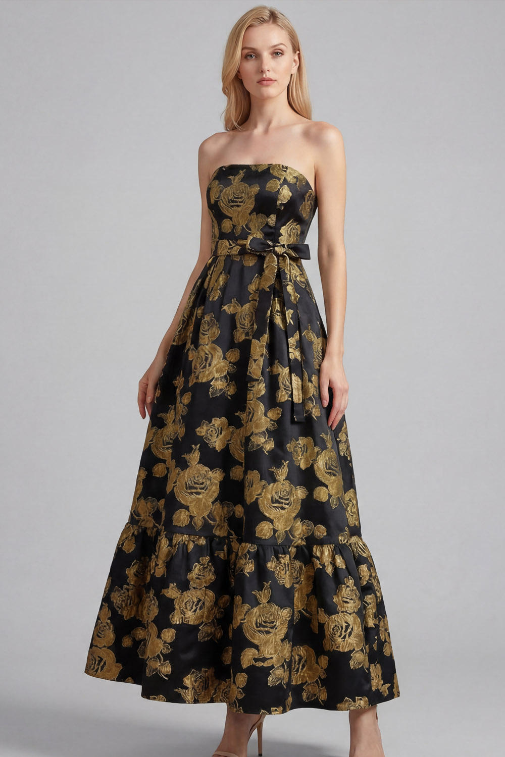 Golden Floral Wedding Guest Dress A-Line Strapless Maxi Dress