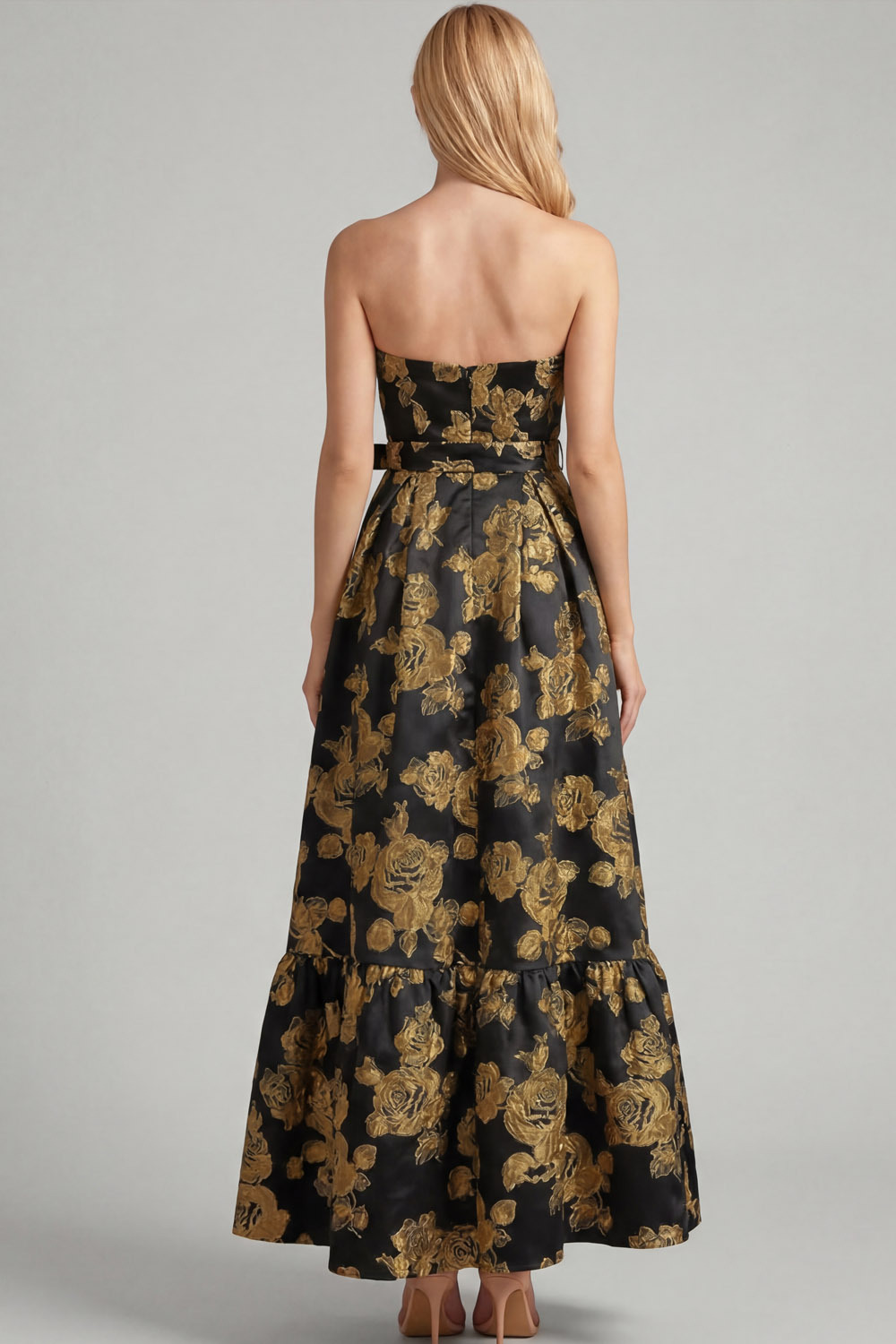 Golden Floral Wedding Guest Dress A-Line Strapless Maxi Dress 