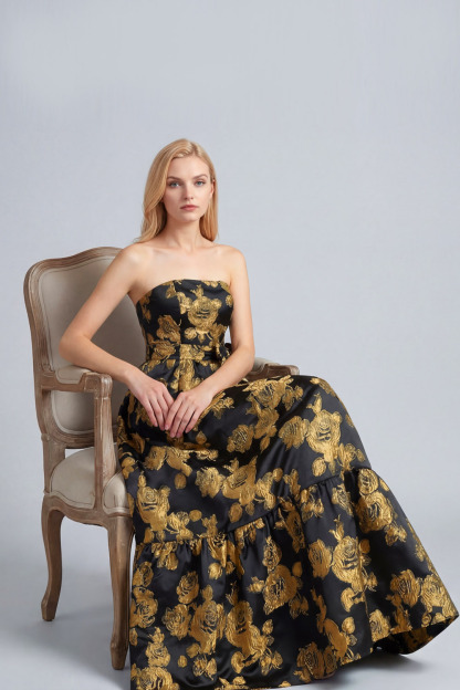 Golden Floral Wedding Guest Dress A-Line Strapless Maxi Dress 