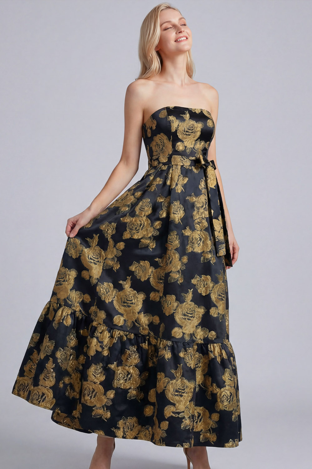 Golden Floral Wedding Guest Dress A-Line Strapless Maxi Dress 