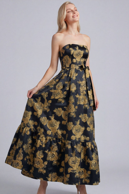 Golden Floral Wedding Guest Dress A-Line Strapless Maxi Dress 
